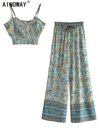 Suits Vintage Chic Women Floral Print Two Piece Suits Strapless Tops Bohemian Loose Pants 2 Pieces Outfits Rayon Boho Sets Beachwear