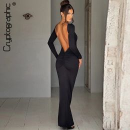Dress Cryptographic Elegant Open Back Ruched Sexy Bodycon Maxi Dress Birthday Outfits for Women Long Sleeve Dresses Gown Club Party