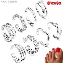 Band Rings 8 Pcs/Set Silver Color Toe Rings for Women Gold Color Adjustable Toe Rings Various Types Band Rings Open Ring Set Beach Jewelry L240305