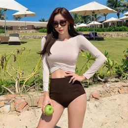 Suits 2021 Korean Solid Color Round Neck Long Sleeve Cross Sunscreen Split Swimsuit Conservative High Waist Triangle Resort Hot Spring