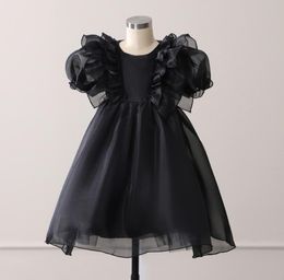 Black Jewel Short Sleeve Organza A-line Flower Girls' Dresses Tea-length Custom Kids Formal Wear