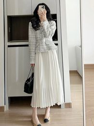 Fashion Tweed Two Piece Set Women Autumn Winter Elegant Pearl Buttons Slim Coats JacketsWhite Pleated Long Skirt Office Outfits 240226