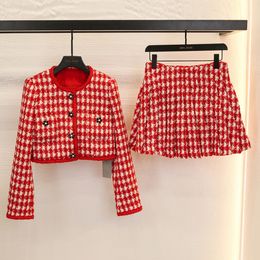 Designer short skirt set, red and white bird plaid round neck, long sleeved button cardigan jacket, women's pleated skirt, sweet set