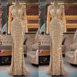 Gorgeous Mermaid Prom Dresses V-Neck Shining Sequined Feathers Side Split Long Sleeves Side Split Zipper Custom Made Formal Sexy Party Dress Vestido De Noite