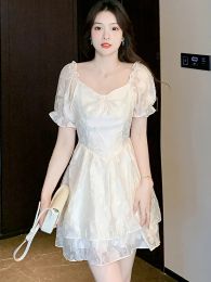 Dress White Jacquard Chiffon Ruffled Mini Dress for 2023 Summer Puff Sleeve Square Collar Kawaii Dress Women Korean Fashion Prom Dress