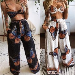 Capris Women Summer Beach 2pcs Outfits Set Sexy VNeck Crop Top and Wide Leg Palazzo Pants Bohemian Butterfly Print Loungewear