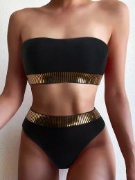 Set Detail Swimwear Padded Bathing Suit Female Solid Beachwear Sexy Bandeau High Waist Bikini 2023 Women Triangle Swimsuit Stitch