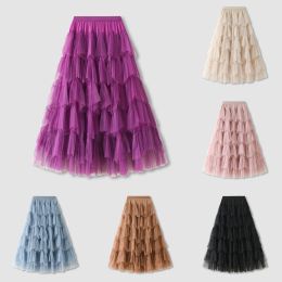 skirt Tutu Cake Skirts Women Elegant Ruffles Tiered A Line Tulle Long Skirts Female Casual Elastic Waist Mesh Party Skirt Faldas