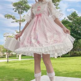 Dress 2021 Japanese New Kawaii Cat Printing Ruffles Sleeveless Cute Bow Lace Dresse Sweet Lolita Style Soft Girl Women'S Summer Dress
