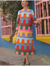 Dress Elegant Rainbow Printed Women's Split Midi Dress Fashion O Neck Long Sleeved Robe 2023 Autumn Female Causal Loose Vestidos