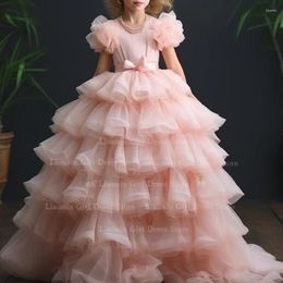 Girl Dresses Pink Tulle Ball Gown Tiered With Sash Short Sleeve Flower For Wedding Communion Party Pageant Skirt FL4-4.6
