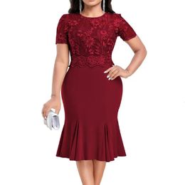 Evening Party Dress Women Embroidery Lace Splice Dresses Short Sleeve High Waist Hip Wrapped Fishtail Gown Dress Formal240305