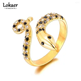 Cluster Rings Lokaer Exquisite Cubic Zirconia Stainless Steel Snake Ring For Women Gold Colour PVD Stylish Trendy Animal Finger Jewellery