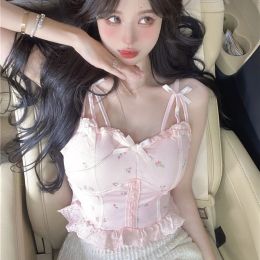 Camis Rimocy Summer Sweet Pink Printed Vest Women 2023 Kawaii Lace Bow Sleeveless Crop Tops Woman Cute Slim Fit Y2K Camisole Female