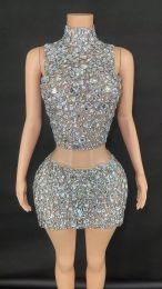 Skirt Sparkly Crystals Top Backless Short Skirt Two Pieces Sexy Mesh Transparent Celebrate Evening Prom Birthday Dress Show Stage Wear