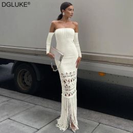 Dress Off Shoulder Long Sleeve Knitted Maxi Dress Hollow Out Tassel Elegant Party Dresses For Women Strapless Long Bodycon Dress White