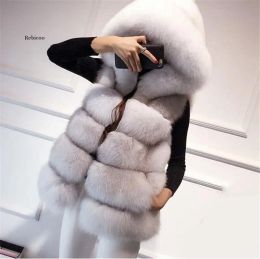 Fur Winter New Hoodies Fake Fur Vest Women Plush Fashion Warm Slim Sleeveless Waistcoat Fur Gilet Big Size Faux Fox Fur Overcoat