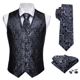 Vests Designer Mens Classic Black Paisley Jacquard Folral Silk Waistcoat Vests Handkerchief Tie Vest Suit Pocket Square Set Barry.