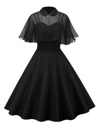 Dress Plus Size Cape Patchwork Swing Dress Gothic Punk Pleated Organza Sleeve Fit and Flare Female Dress Black Solid Vintage Casual