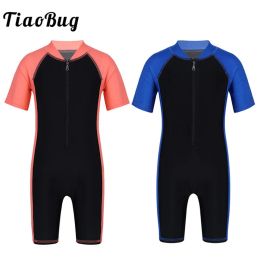 Swimwear TiaoBug Unisex Kids OnePiece Short Sleeve Zippered Swimsuit Swimwear Wetsuit Children Boys Girls Swimming Training Bathing Suit