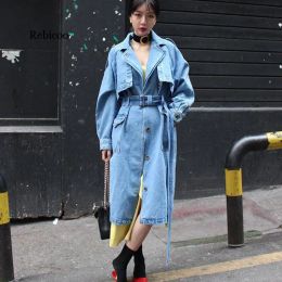 Trench Spring SXL Korean Long Denim Coat For Womens Belted High Street Loose Casual Autumn Jeans Trench Coat Outwear