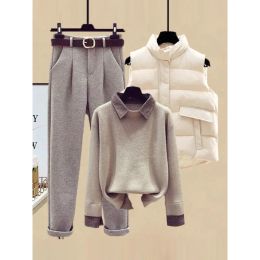 Suits Fall Winter Matching Suits for Womens Knitted Sweater+parkas Vest+tweed Pants Sets Office Ladies Elegant Three Pieces Sets N557