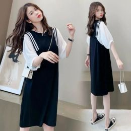 Dresses New Pregnant Women Clothes for Summer Short Sleeve Cotto Top Strap Chiffon Dress Twinset Loose Maternity Dress