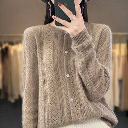 Cardigans 100% Merino Wool Apparel Women's Round Neck Cardigan Casual Loose Knitted Hollow Top Spring and Autumn New Product Fashion Jack