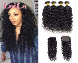 Leila Hair Water Wave Brazilian Virgin Hair Bundle With Closure Weave Bundles With Closure Remy Human Hair 4 Bundles With Closure6951865