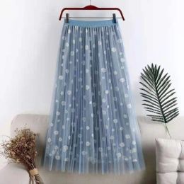 skirt 2022 nets yarn little Daisy flower long in A word skirt of tall waist show thin han edition pleated skirts net veil