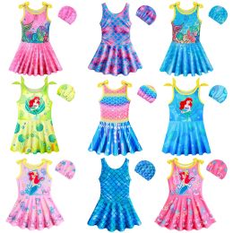 Swimwear Summer Girls One piece Rainbow Mermaid Swimsuit Kids Swimming Bathing Suits Holiday Beachwear Independent Swimwear + Swim Cap