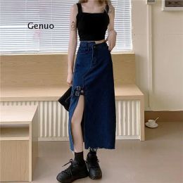 Skirt Dark Blue Summer Denim Skirts Women High Waist Split Irregular Pocket Jeans Skirt Vintage Korean Wrap Skirt Long Maxi Sexy