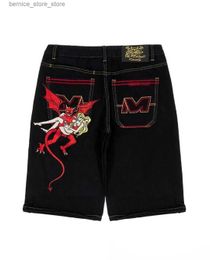 Men's Shorts Y2K denim shorts mens Demon embroidered shorts womens street clothing retro oversized pocket punk knee pants Q240305