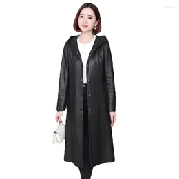 Women's Leather Spring Genuine Coat Long Sheepskin Wind Hooded Fur Fashion Loose