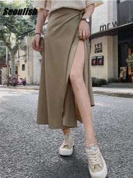 Dresses Seoulish Summer 2022 New Elegant Stain Women Aline Long Skirts Side Split High Waist Fashionable Umbrella Beach Female Skirts