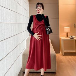 Dresses Maternity Strap Dress Spring Autumn Pregnant Women Bow Clothes 2024 New Fashion Corduroy Pregnancy Suspender Dresses