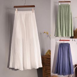 Skirts Vintage Solid Pleated Long Skirts Cotton Linen Maxi Skirt for Women Summer Elastic Waist Girls Boho Beach Skirt ALine Skirt