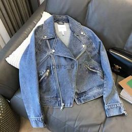 Women's Jackets WT131-Womens Jackets brand Designer Jeans Jackets Large lapel zipper sleeve biker style jean short women 240305