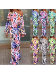 Dresses European and American Women's 2023 Spring New Loose Print Long Sleeve Off Shoulder Top Halflength Fishtail Dress Set