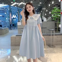 Dresses Summer Maternity Dress Fashion Short Sleeve Splice Loose Clothes for Pregnant Women 2024 Sweet Doll Collar Pregnancy Clothing