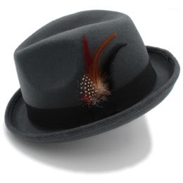 Stingy Brim Hats Women Men's Feminino Felt Fedora Hat For Lady Winter Autumn Wool Roll Up Homburg Jazz Feather1291h