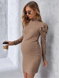 Dresses New Knit High Collar Maternity Dress Long Sleeve Pregnancy Clothes For Pregnant Women Autumn Casual Clothing Solid Color Costume