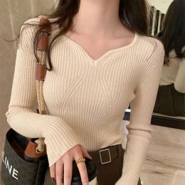 Pullovers Korea Style Vneck Slim Body Sexy Lady Knitted Pullover Sweaters Basic Shirts Tops Fashion Women Spring Autumn Casual Sweaters