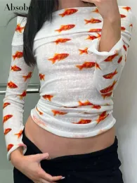 Dress Absobe Goldfish 3D Print Sheer Mini Dress Women Off Shoulder Flare Long Sleeve Slim Y2K Short Dress Hottie Autumn Streetwear