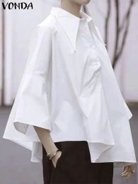 Shirt VONDA Women White Shirts 2023 Summer Tops Fashion Asymmetrical Tunic Elegant Flare Sleeve Buttons Lapel Casual Blouses Oversize