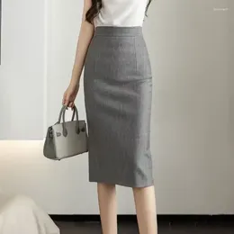 Skirts Elegant Office Lady Long Women 2024 Korean Fashion High Waist Formal Grey Red Black Pencil Slim Package Hip Skirt