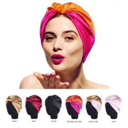 6 Colours Bow Double Silk Elastic Bathing Sleep Satin Salon Bonnet For Night Hair Hat Natural Curly Hair For Women Head Wrap Cap1231C