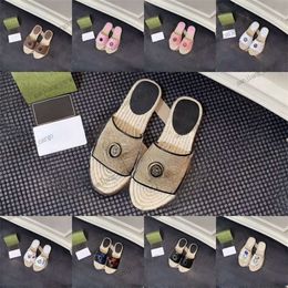 Designer Twill Quilted Classic G Canvas Slippers Womens PP straw Sole Slides Espadrille Flat Sandals Woven Shoes Casual Metallic Slide Sandal Canvas Flops