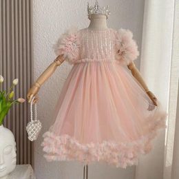 Girl Dresses Baby Girls Pink Princess Dress 2024 Summer Fashion Puff Sleeve Sequin Tulle Ball Gown Children Birthday Party Y299