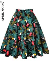 Skirts Parrot Animal Printed High Waist Women Pleated Retro Skirt Robe De Cocktail Leaf 50s 60s Swing Casual Pinup Skirts Summer Saias